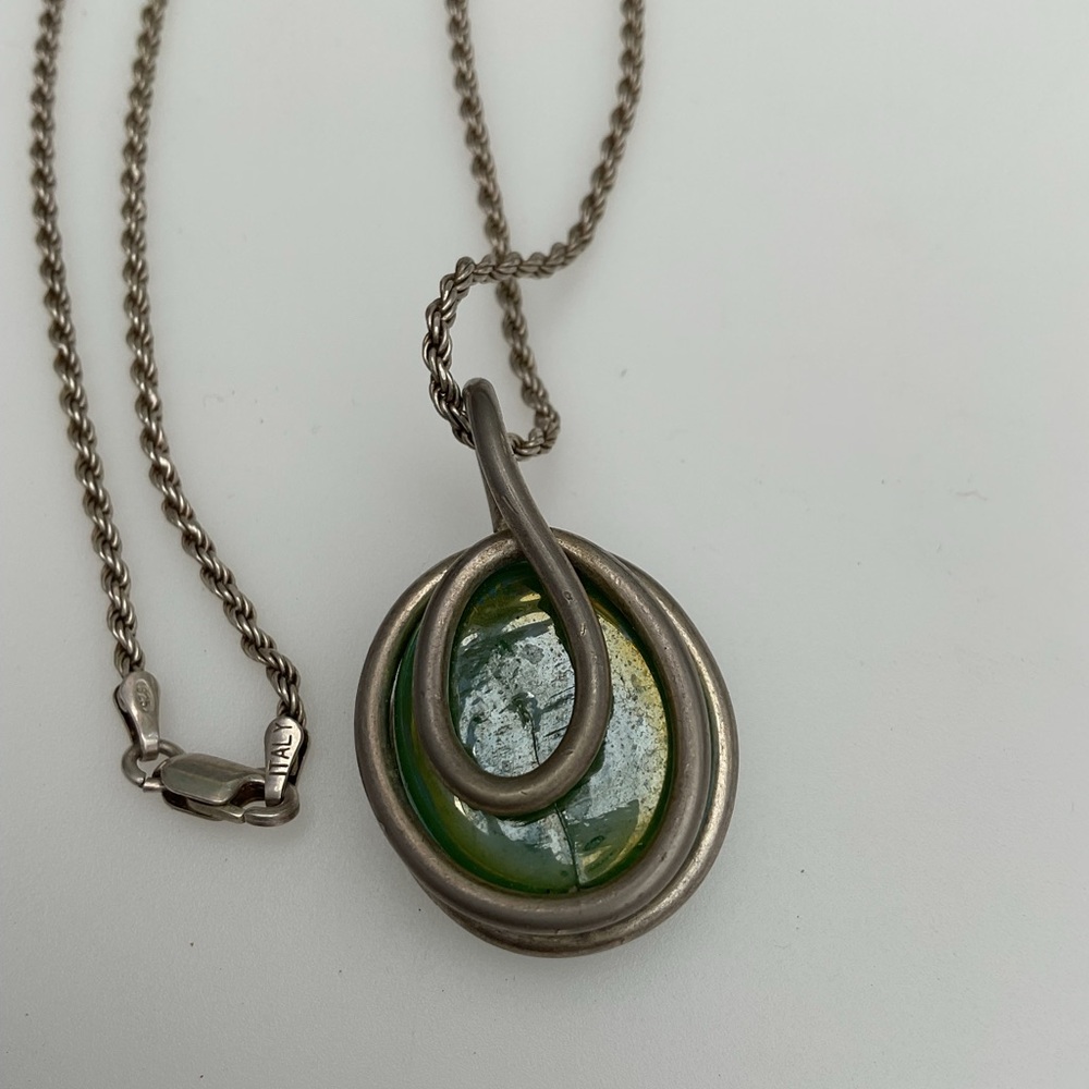 Italian Sterling Silver 925 Green Glass Spiral Pendant Necklace  Made in Italy - Picture 2 of 8
